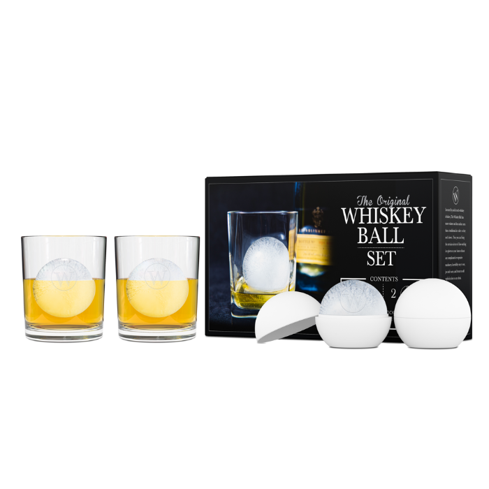 LIVIVO Whisky Glass Gift Set - 2 Tumbler Glasses With Ice Ball & Skull Cube Molds