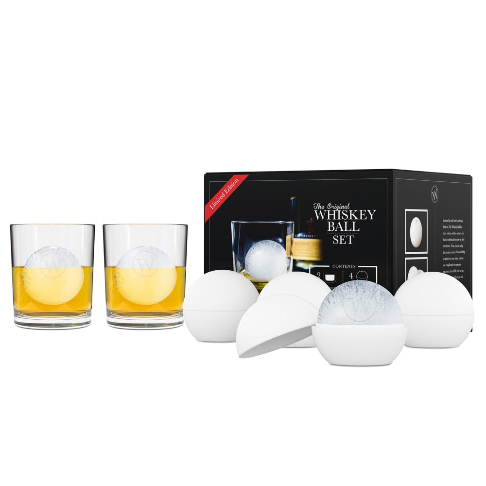 LEEBS Whiskey Set - Whiskey Gifts for Men - Whiskey Glasses  Set of 2, 2 Large Sphere Ice Molds, 2 Slate Coasters, Gift Box - Bourbon  Gifts for Men, Dad